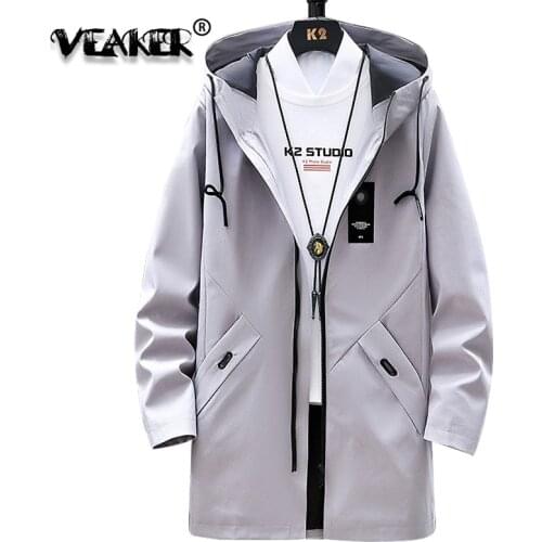 2020 Brand Windbreaker Jackets Mens Autumn Casual Long Trench Coats Men Black Fashion Hooded Jacket Pocket Clothes Plus Size