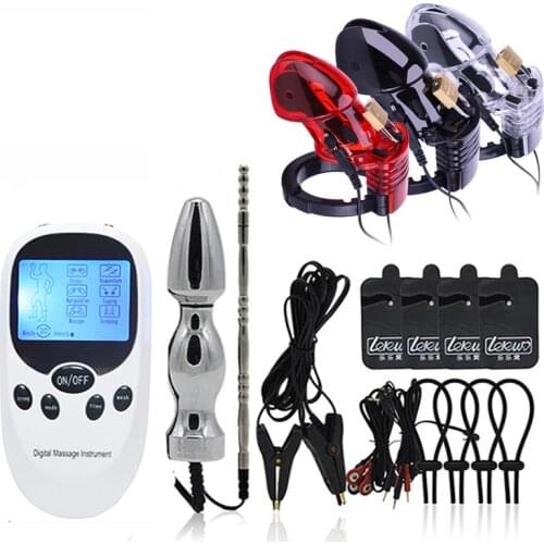 Electric Shock Anal Plug Pulse Massage Pad Nipple Clamps Penis Ring Catheter Sounds Stimulate Cock Cage Lock Sex Toys For Couple