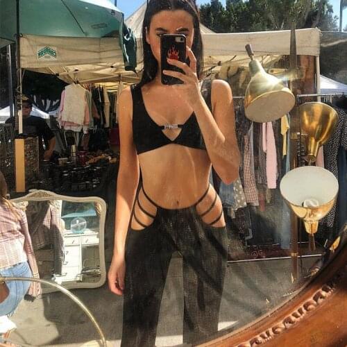 High Waist Pants Fitness Straight Street Clubwear Fashion Loose Trousers Women Summer Sexy Hollow Out Fitness