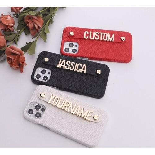 Holding Strap Metal Custom Personalize Name Pebble Grain Leather Phone Case Cover For iPhone 12 11 Pro XS Max XR 7 7Plus 8Plus X