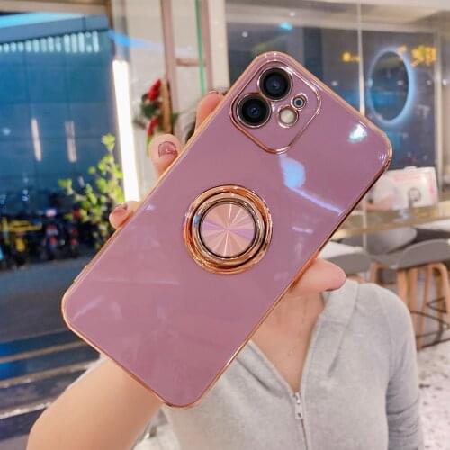 Ring Holder Case For iPhone 11 7 8 Plus Luxury Gold Plated Metal Phone Stand Cover for iPhone 11 Pro Max XS XR 12 Pro X Silicon