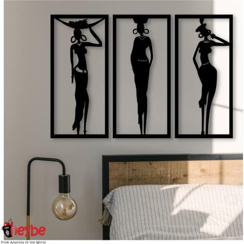 Wood Wall Art and Decoration African Women 3 Pcs Framed Decor Black Color Modern Home Office Living Room Bedroom Kitchen New Quality Gift Ideas 3D Creative Stylish Decorative Modern Ornament Beautiful Cute Souvenir
