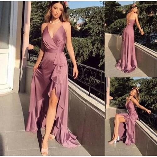 High Low V-Neck Long Dusty Pink Prom Dresses Ruffled Criss Cross Back Satin Robe De Soiree Floor Length Satin Formal Party Gown
