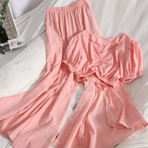 Two Piece Set Women Sexy Puff Sleeve Crop Top+High Waist Split Wide Leg Pants Office Lady Korean Japan Style Set Women Suits