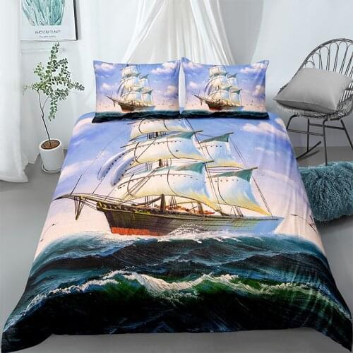 Custom Digital HD Steamship Boat Blue Sea Printed Luxury Bedding Set King Size Duvet Cover Sets 2/3pcs Bed Linen Home Textile