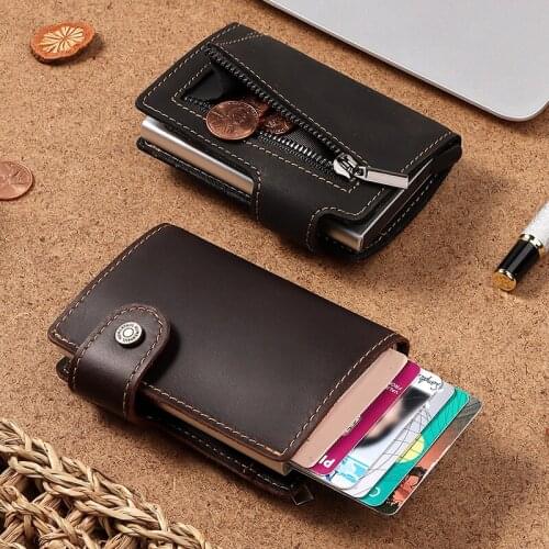 RFID id Card Holder Blocking Credit Genuine Leather Coin Purse Pocket Aluminium Box for Men ID Card Case Male Wallet