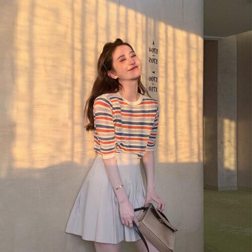 French Niche Early Spring Casual Striped Short Sleeve + White Pleated Skirt Two-piece Suit