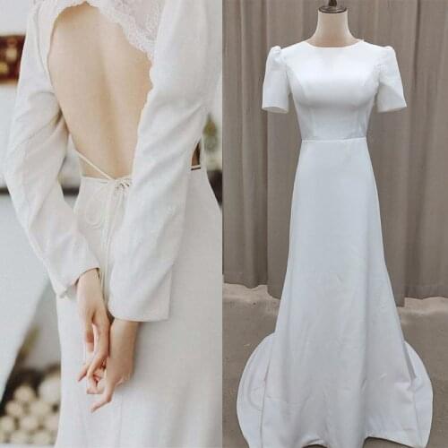 Hollow Back Lace Bandage Wedding Dresses 2021 Vintage Satin Short Sleeve Bridal Gown Special Pageant Long Bridesmaid Dress 3142