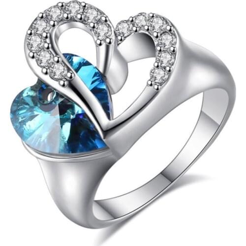 Fashion blue purple crystal heart-shaped clavicle chain and blue crystal ring fashion summer fresh girly wedding ring кольца