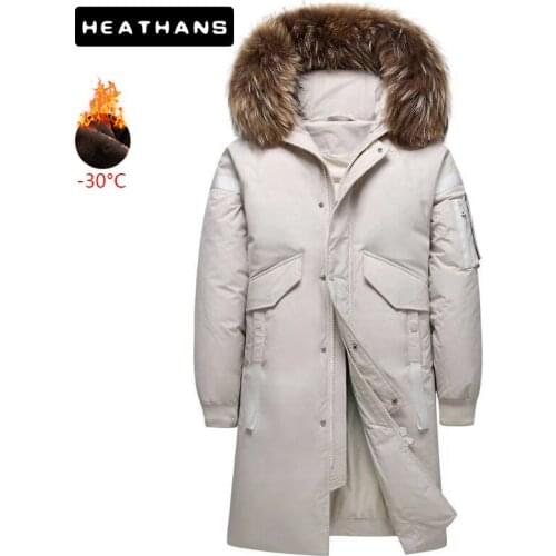 Over-the-knee Long Mens Thick Down Jacket Couple Warm Mid Length Hooded Down Jacket Male 90% White Duck Down Big Fur Collar Coat