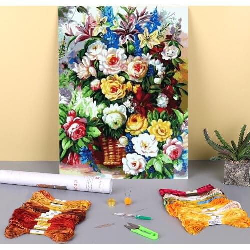 Flower Vase Printed Fabric 11CT Cross Stitch Kit Embroidery DMC Threads Craft Handicraft Painting Handiwork Different Package