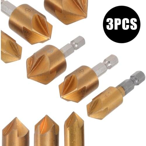 3Pcs 5 Flute Chamfer Countersink HSS 1/4" Hex Shank Chamfer Cutter Wood Countersink Drill Bit Set