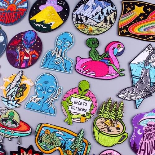 UFO Alien Patches Space Patch For Clothing Iron On Patches For Clothes Whale Patch For Jacket Badges Mountain Stripe Patches