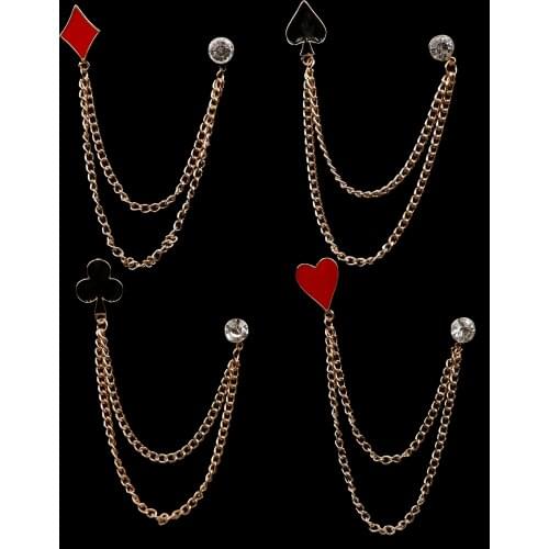 New Brand Small Poker Tassel Chain Brooch For Cool Man Woman Party Bar Chic Zinc Alloy Lapel Pin Suit Shirt Unisex Accessories