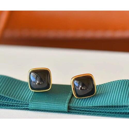 Original classic natural Hetian jade black square earrings small exquisite and elegant girls birthday party accessories