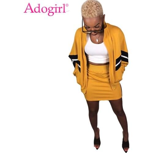 Adogirl Patchwork Women Tracksuit Zipper Long Sleeve Loose Bomber Jacket Coat Top Bodycon Mini Skirt Casual Two Piece Set Outfit