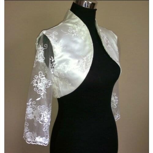 Ivory or White Lace & Satin Wedding Bolero/Shrug/Jacket/Stole/Tippet/Wrap 3/4 Lace Long Sleeve Bridal Coat