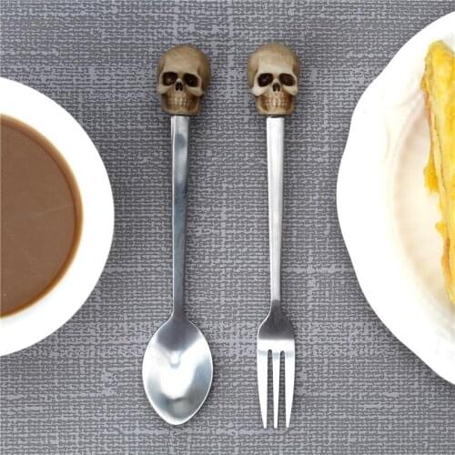 Personalized Resin Skull Head Stainless Steel Mini Spoon And Fork Set Small Spoon For Coffee Tea Dessert Fork Portable Cutlery