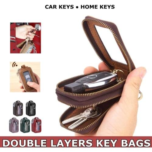 Vintage Genuine Leather Car Key Bag Small Coin Purse Wallets Men women Keys Organizer Keychain Double zipper Cover Key Case