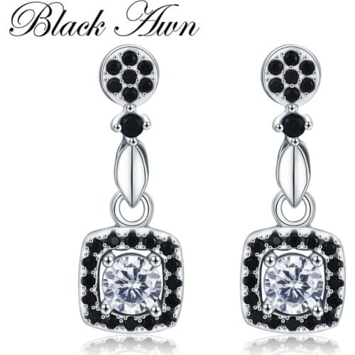Vintage 2.2g 925 Sterling Silver Earring Flower Black Spinel Drop Wedding Earrings for Women Fine Jewelry Bijoux T206