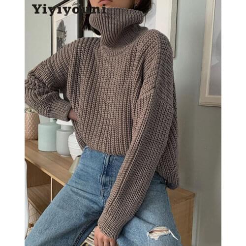 Yiyiyouni Knitted Oversized Turtleneck Pullovers Women Autumn Winter Casual Thick Sweaters Female Fashion Solid Cashmere Jumpers