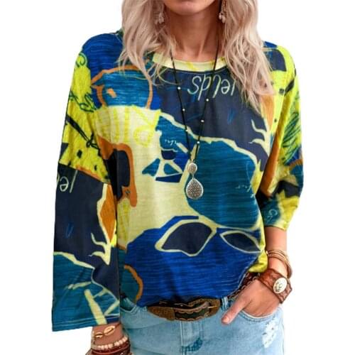 Women Blouse Shirts Map Print All Match Summer Autumn Ethnic Style O Neck Long Sleeve Blouse feminina shirt