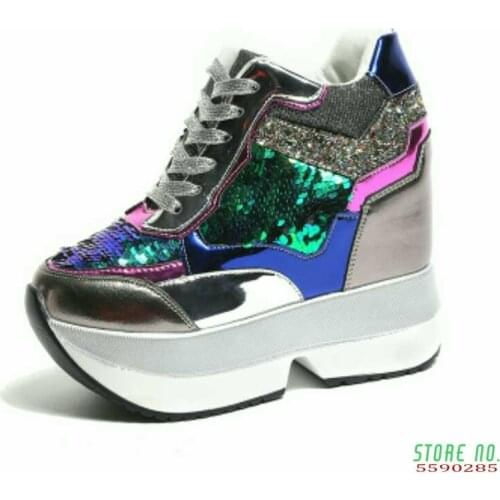 Woman Spring Wedge Shoes PU Leather Harajuku Shoes Colorful Bling Winter Shoes Woman12CM High-Heeled Platform Sneakers W7