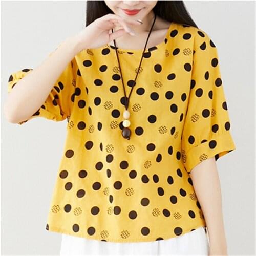 Women Chiffon Blouse Top Half Sleeve Casual Shirts Loose Tops Polka Dot Print Thin Shirt Blouse Yellow White Black Blusas Mujer