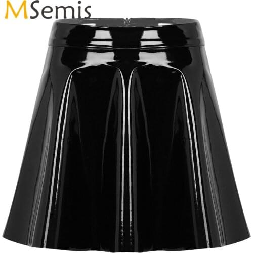 Womens Wet Look PU Leather Clubwear High Waist Casual Fashion Flared Pleated A-Line Circle Mini Skater Skirt