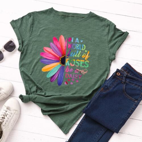 Women Short Sleeve Cotton T-Shirts Floral Flowers Graphic Tees Summer Tops In A World Full of Roses Be A Daisy Sunflower Flower
