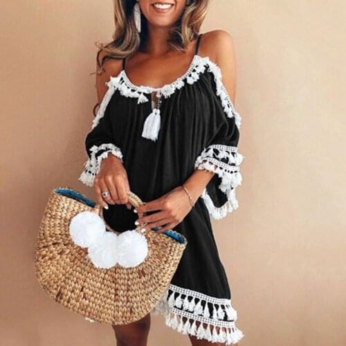 2021 Beach Dress Women Off Shoulder Dress Tassel Short Cocktail Party Beach Dresses Sundress Sexy Vestidos Playa Robe De Plage