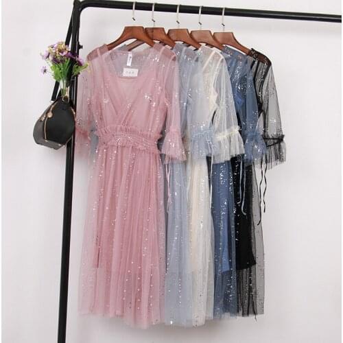 Summer Women V-Neck Flare Sleeve Bling Sequined Mesh Gauze Ruffles Chic Dress Lady Elastic Slim Waist Pleated Organza Midi Dress