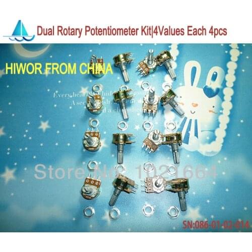 16pcs/lot) Dual Double Rotary Potentiometer kit B10K B20K B50K B100K Pots 20MM Shaft 4 Values Each 4Pcs