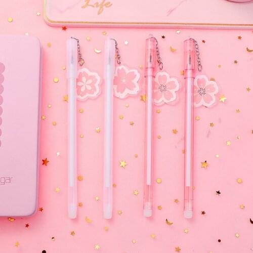 24PCs Korean Creative Cherry Blossom Flower Pendant Gel Ink Pens Set Pink Cute Student Stationery Office Supplies Gift Wholesale