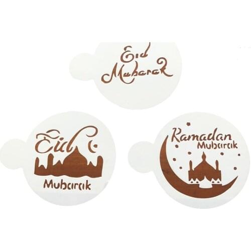 3pcs PET Mosque Eid Mubarak Coffee Stencils Design Ramadan Cake decor laser cut cookie Biscuits fondant mold Ramadan supplies