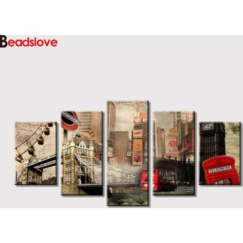 5 Pieces diamond painting Red Double-decker Bus London Bridge 5d diy diamond picture full square round diamond embroidery