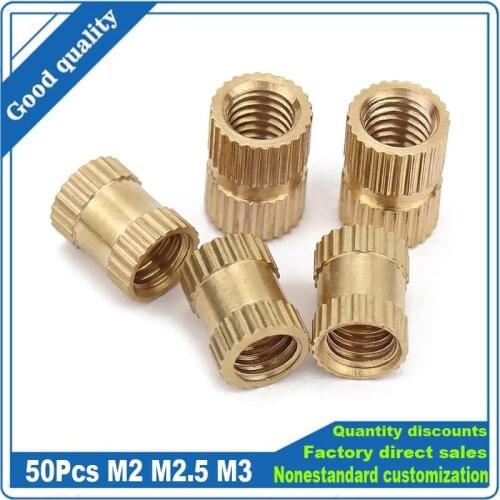 50Ps M2 M2.5 M3 Solid Brass Pure Copper Metric Thread Injection Molding Knurl Insert Nut Nutsert Round Shape Column OD 3.5 4 5mm