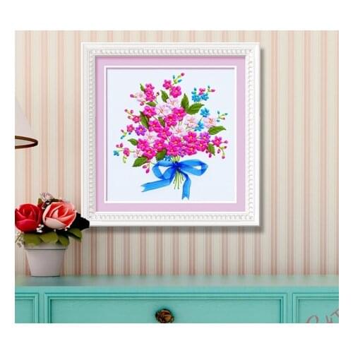 50x50cm A bunch of flowers Ribbon embroidery kit stain painting set handcraft kit DIY handmade needlework art home decor