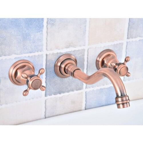 Antique Red Copper Brass Widespread Wall-Mounted Tub 3 Holes Dual Cross Handles Bathroom Tub Sink Faucet Mixer Tap asf521