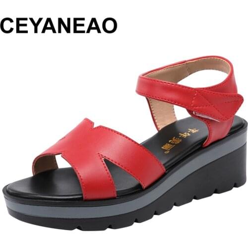 CEYANEAO Sandals woman summer heel medium platform large size walking sandals red black white wedges heels