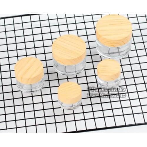Wooden Clear Glass Bottles Cream Jars with Wood Texture Lid, Empty Cosmetic Comtainers, transparent glass Case 100pcs/lot