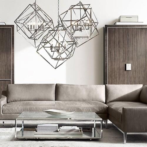 Geometric shape post-modern restaurant lamp square iron frame superimposed metal American retro chandelier