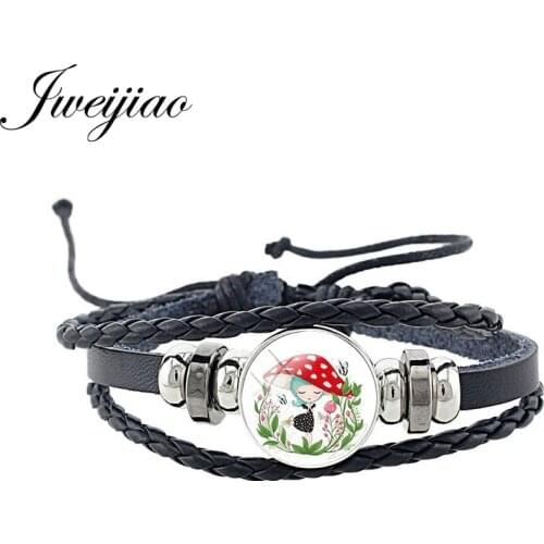 JWEIJIAO Mushroom Girl Grass Cartoon Doll Black Leather Adjustable Bracelet 18MM Round Glass Handmade Weave Bangles Jewelry GL22