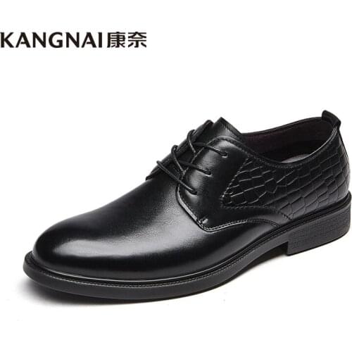 KANGNAI Men Dress Shoes Genuine Leather Round Toe Business Office Formal Shoes Man Derby