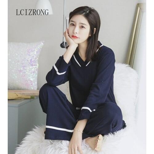 Simple Cotton Pajamas Set Women V-neck Long Sleeve Sexy Lingerie Sweet Girl Loose Comfortable White 2pcs Sleepwear Pijama Mujer
