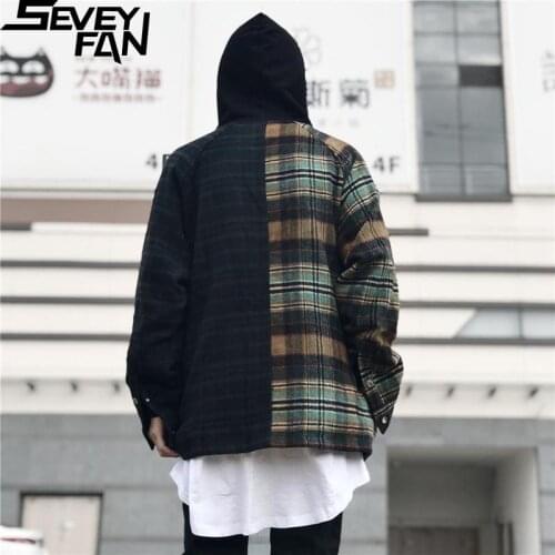 SEVEYFAN Mens Fashion Flannel Plaid Patchwork Hooded Jacket Hip Hop Streetwear Oversize Coat for Male