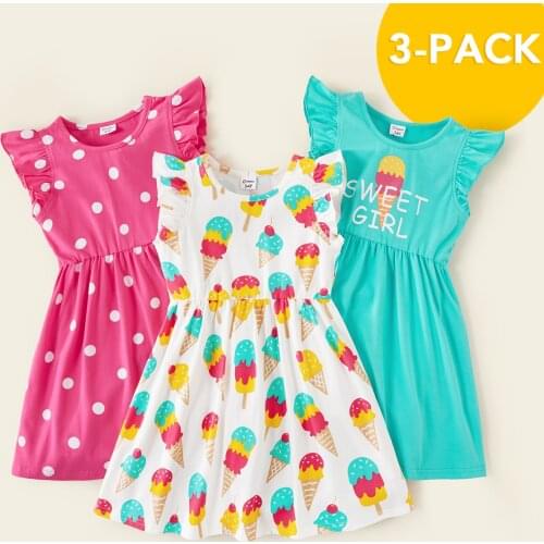 PatPat 2021 New Summer 3-piece Toddler Ice Cream Polka Dots Dresses Set for 3-6Years Girl Clothes