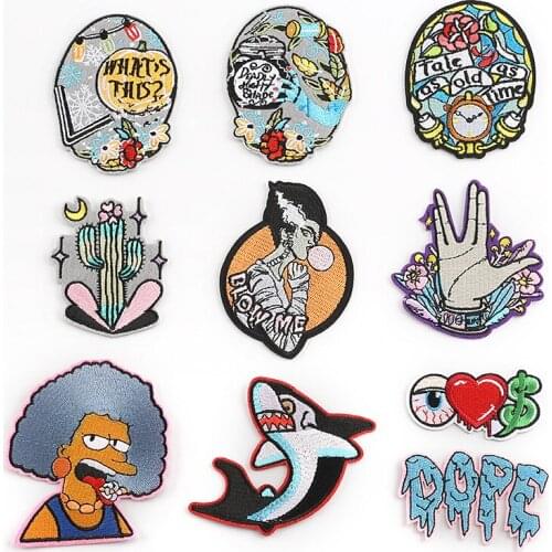 Cartoon dolphin ironing embroidered skull punk English alphabet style embroidery patch clothing Diy sticker coat decoration