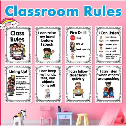 15Pcs/Set Classroom Rules Kindergarten Wall Decoration English Poster A4 Plastic Seal Big Cards Children Toys Kids Gifts