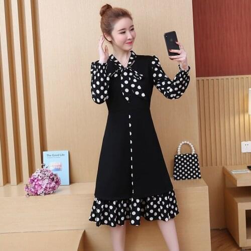 Womens Spring Autumn Dress Womens Turtleneck Printed Fake Two Pieces Long Sleeve Korean Elegant Dress AA3423
